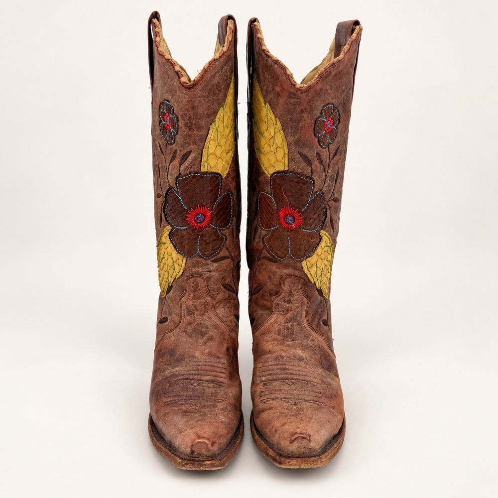 Corral 8.5 A2048 Daisy Overlay Western Cowboy Boots Antiqued Leather Floral Bobo
